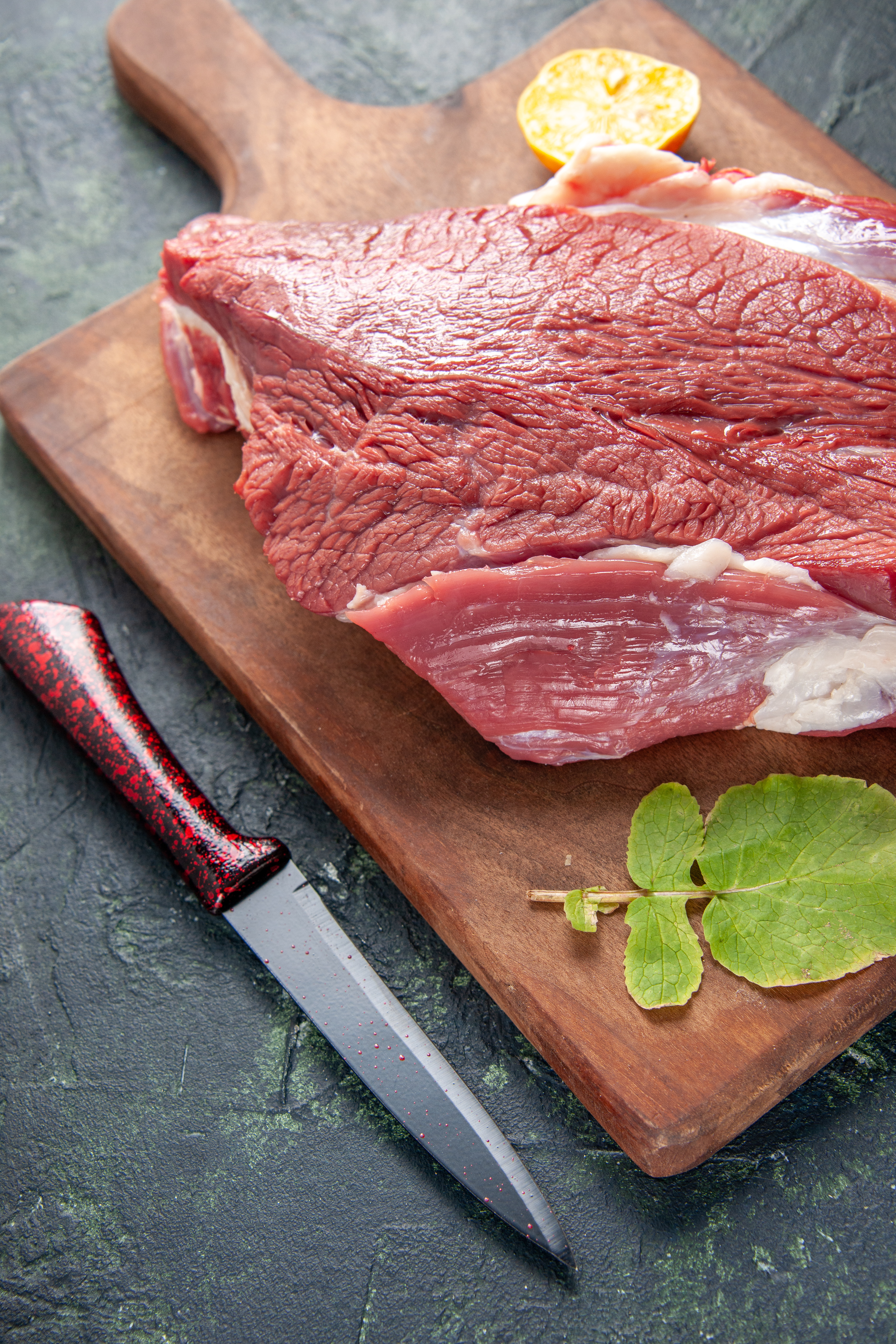 Front view of fresh raw red meat cuts